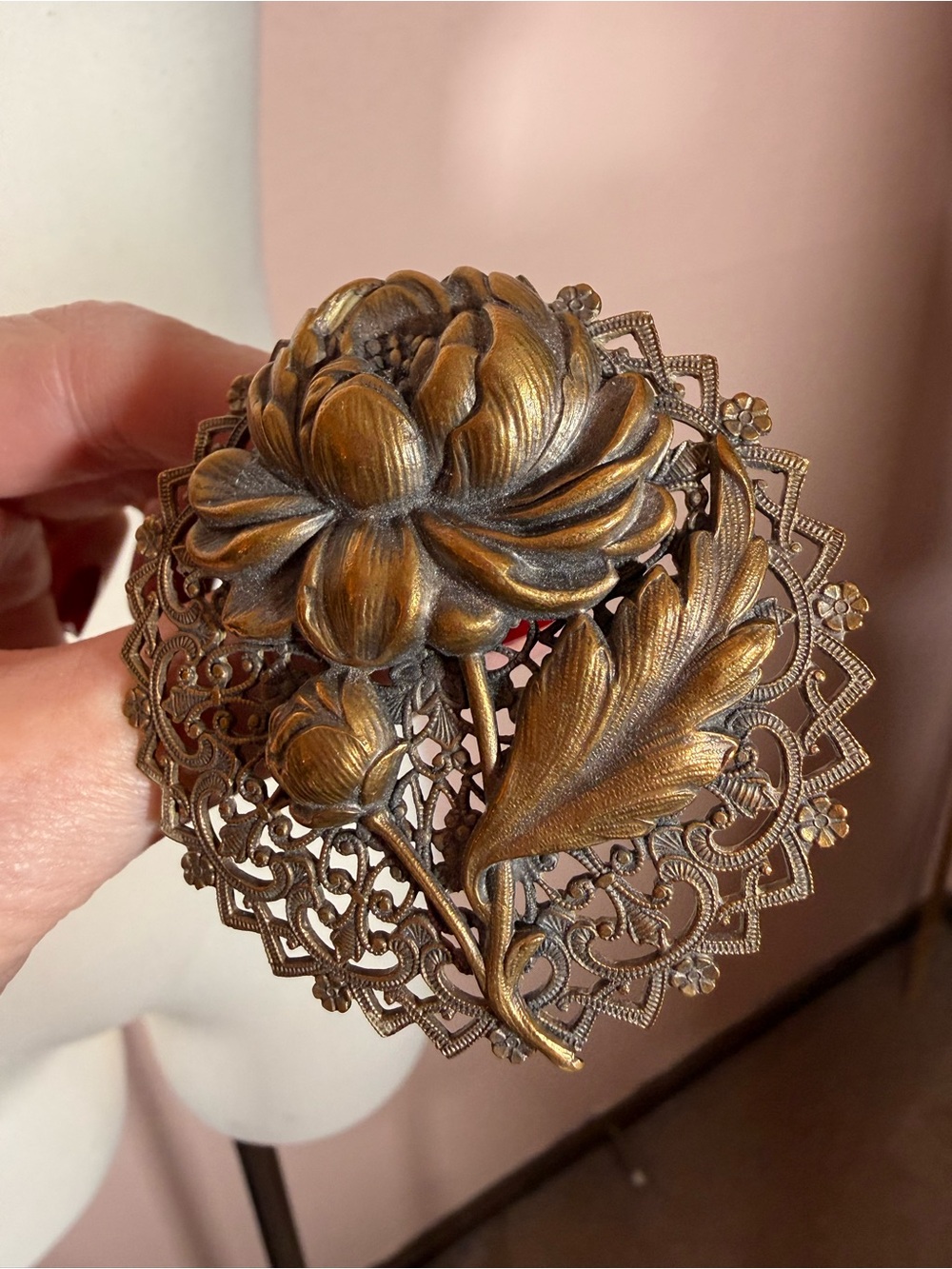 Antique Art deco Victorian Brass Filagree floral oversized dress clip brooch